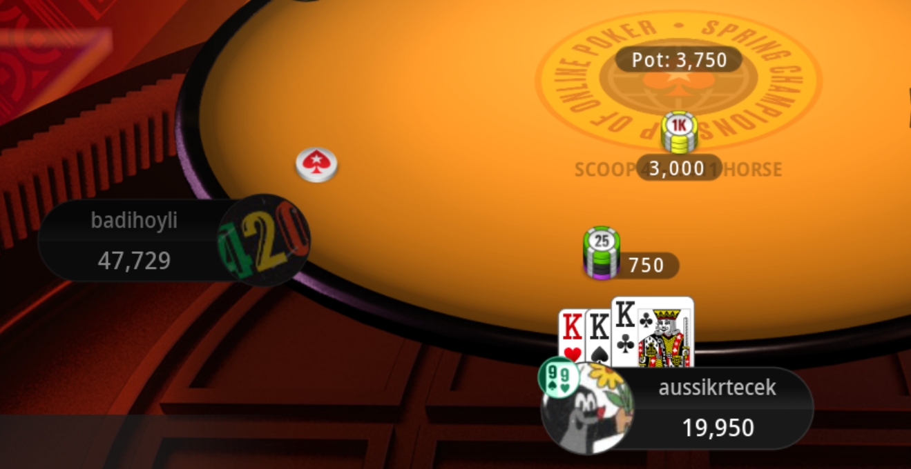 SCOOP HORSE tournament - aussikrtecek dealt KKK rolled up Kings on 3rd street