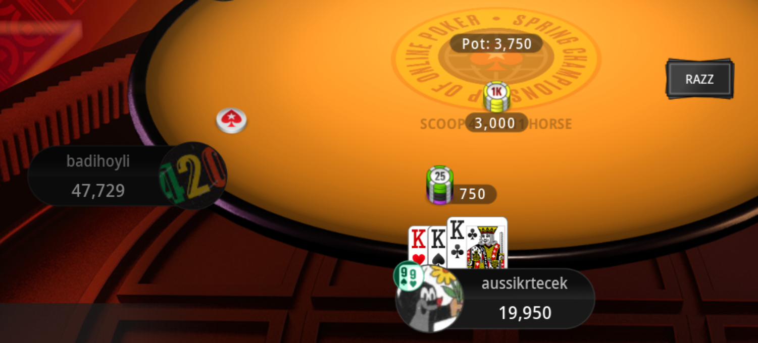 Same hand showing RAZZ indicator - rolled up Kings is the worst possible hand in Razz