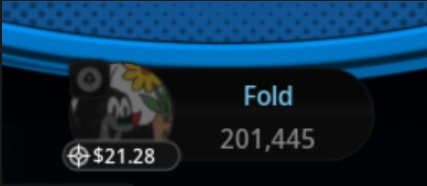 Close-up of aussikrtecek's seat showing a 201,445 chip stack with a $21.28 bounty and a Fold button
