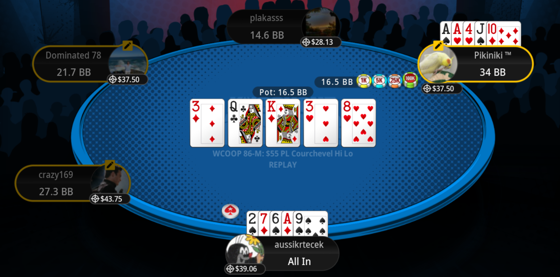 The bust-out hand in the $55 Courchevel: aussikrtecek all in with 2-7-6-A-9 against Pikiniki's A-A-4-J-10, board 3 Q K 3 8, pot 16.5 BB