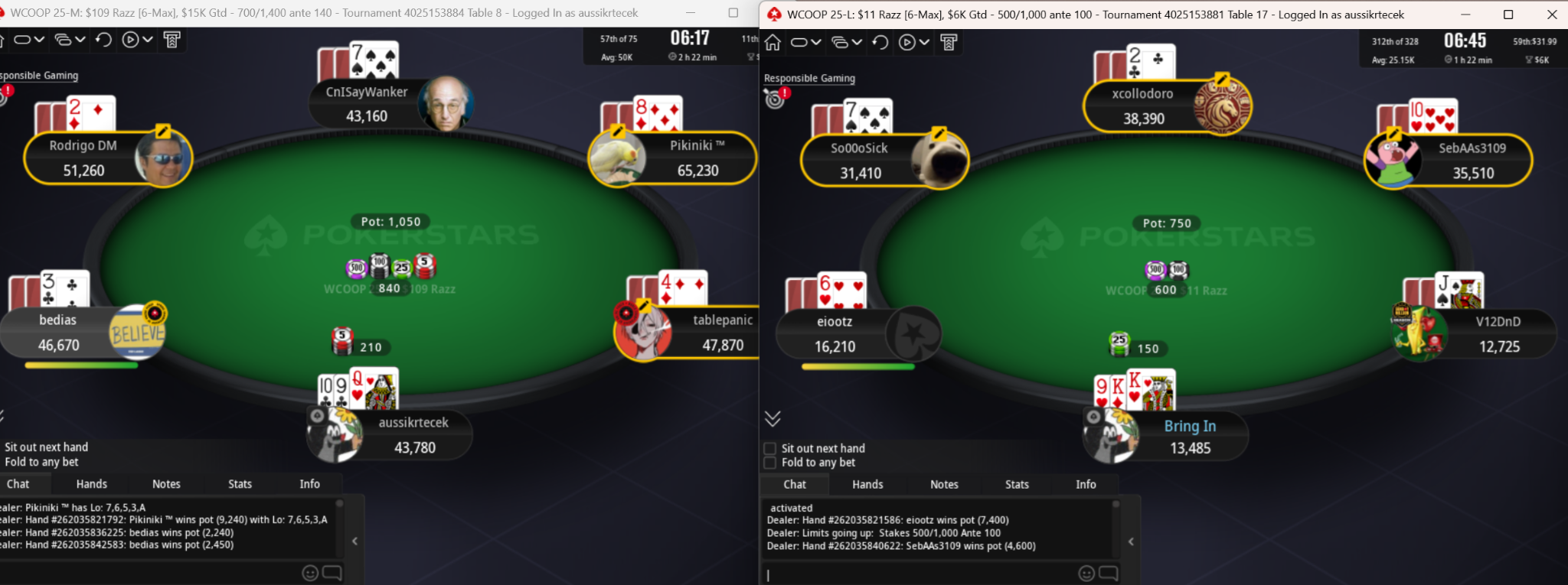 Two side-by-side PokerStars Razz tables, WCOOP 25-M $109 and 25-L $11, with aussikrtecek short-stacked on both