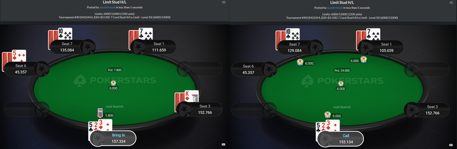 Start of the hand on 3rd street: hero brings in with (5c2d)3d, Seat 7 completes, Seat 1 shows a 7c