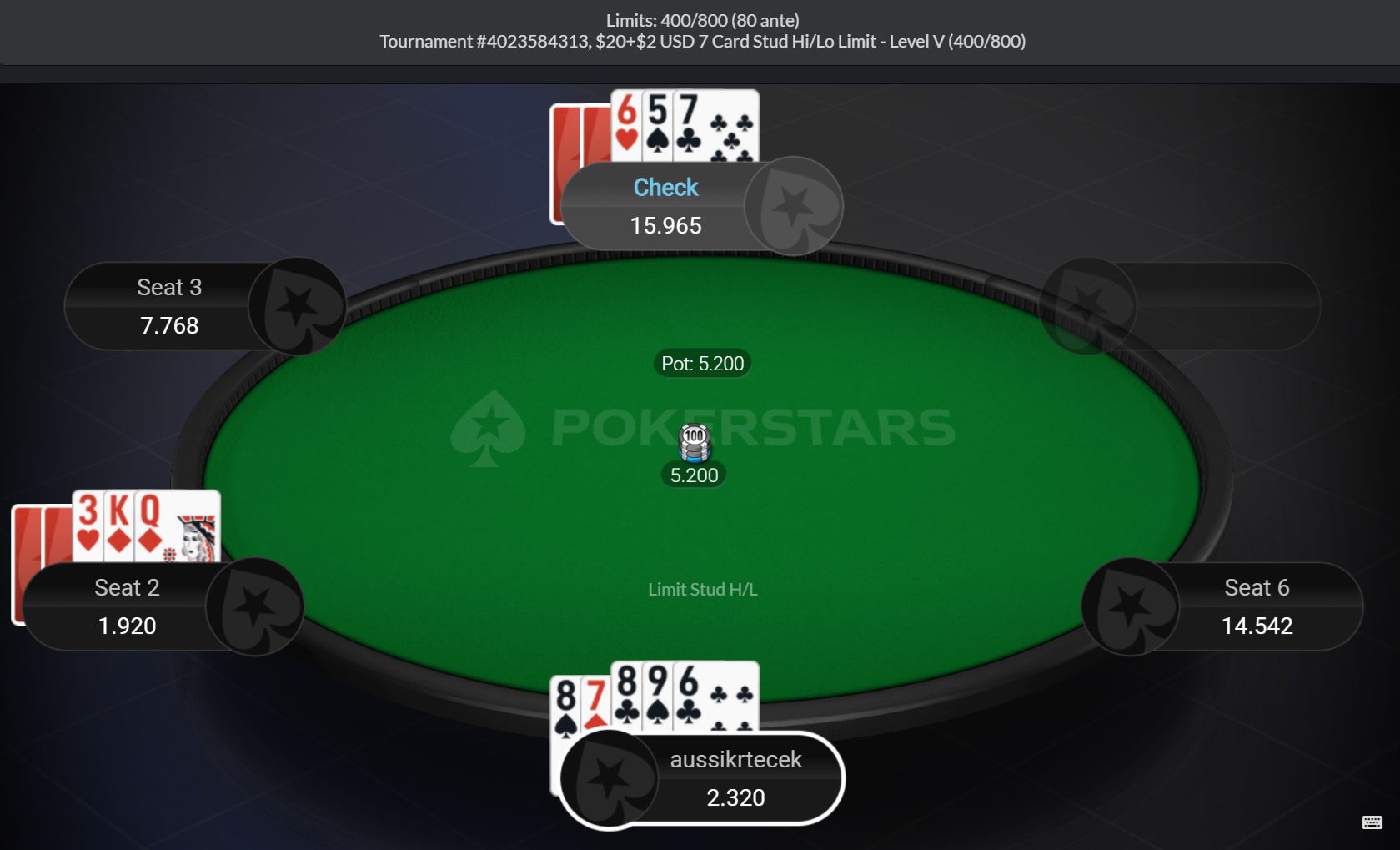 5th street decision point: hero shows 8-7-8-9-6, Seat 4 shows 6-5-7 and checks, Seat 2 shows 3-K-Q, pot 5,200