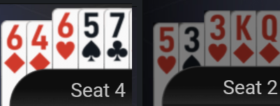 The revealed hands: Seat 4 holds (6d 4d) 6h 5s 7c and Seat 2 holds (5h 3s) 3h Kd Qd